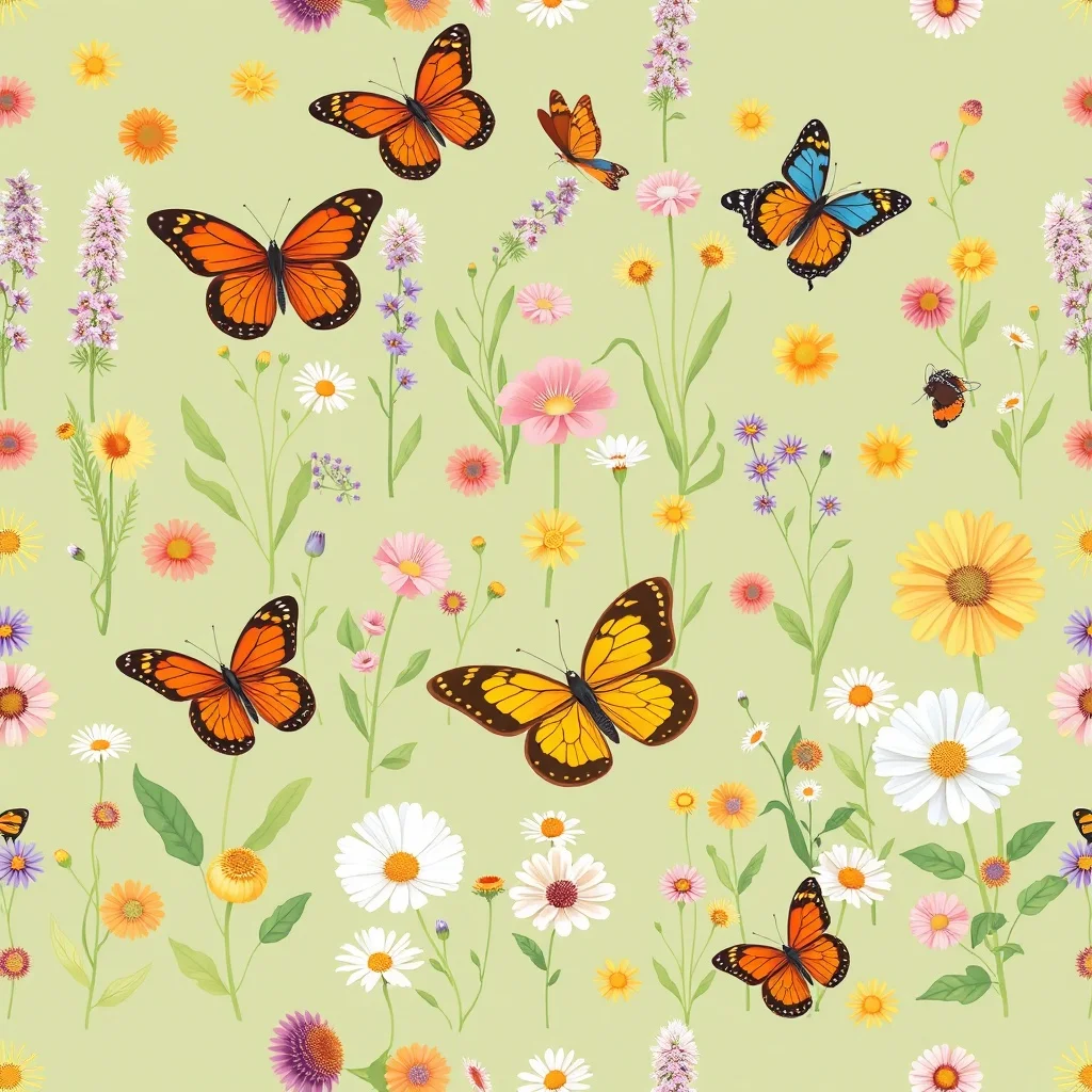Isometric pattern: wildflowers and butterflies