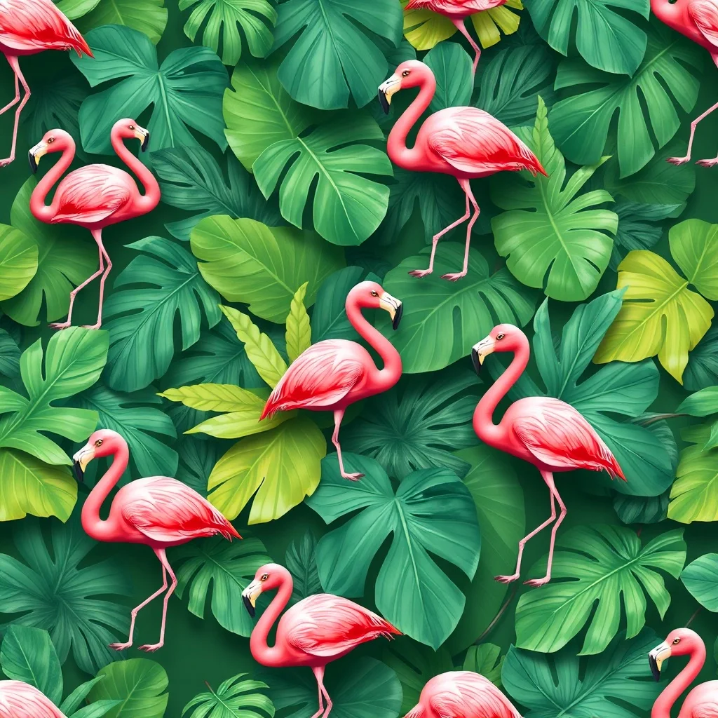 Low Poly pattern: tropical leaves and flamingos