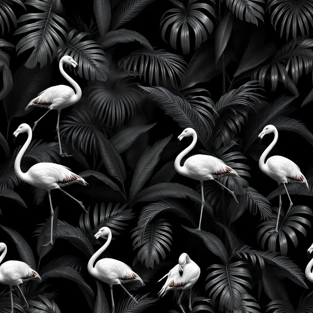 Noir pattern: tropical leaves and flamingos