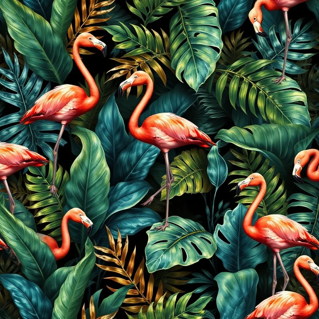 Oil Painting pattern: tropical leaves and flamingos