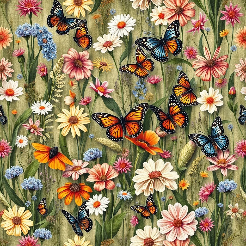 Oil Painting pattern: wildflowers and butterflies