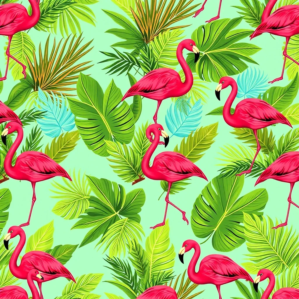 Pop Art pattern: tropical leaves and flamingos