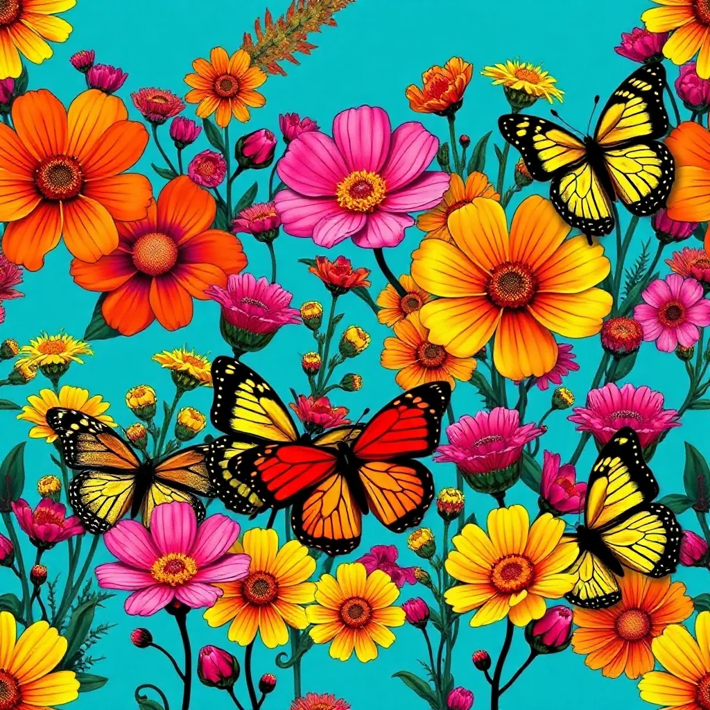 Pop Art pattern: wildflowers and butterflies