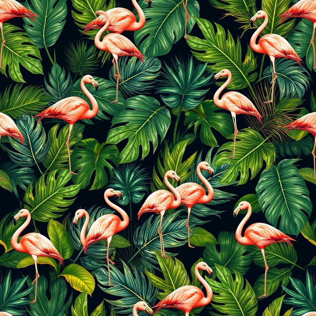 Photorealistic pattern: tropical leaves and flamingos