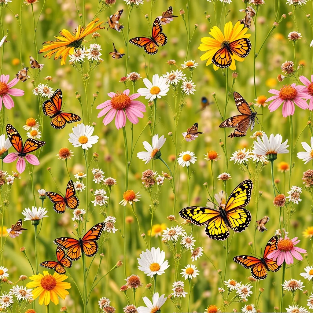 Photorealistic pattern: wildflowers and butterflies
