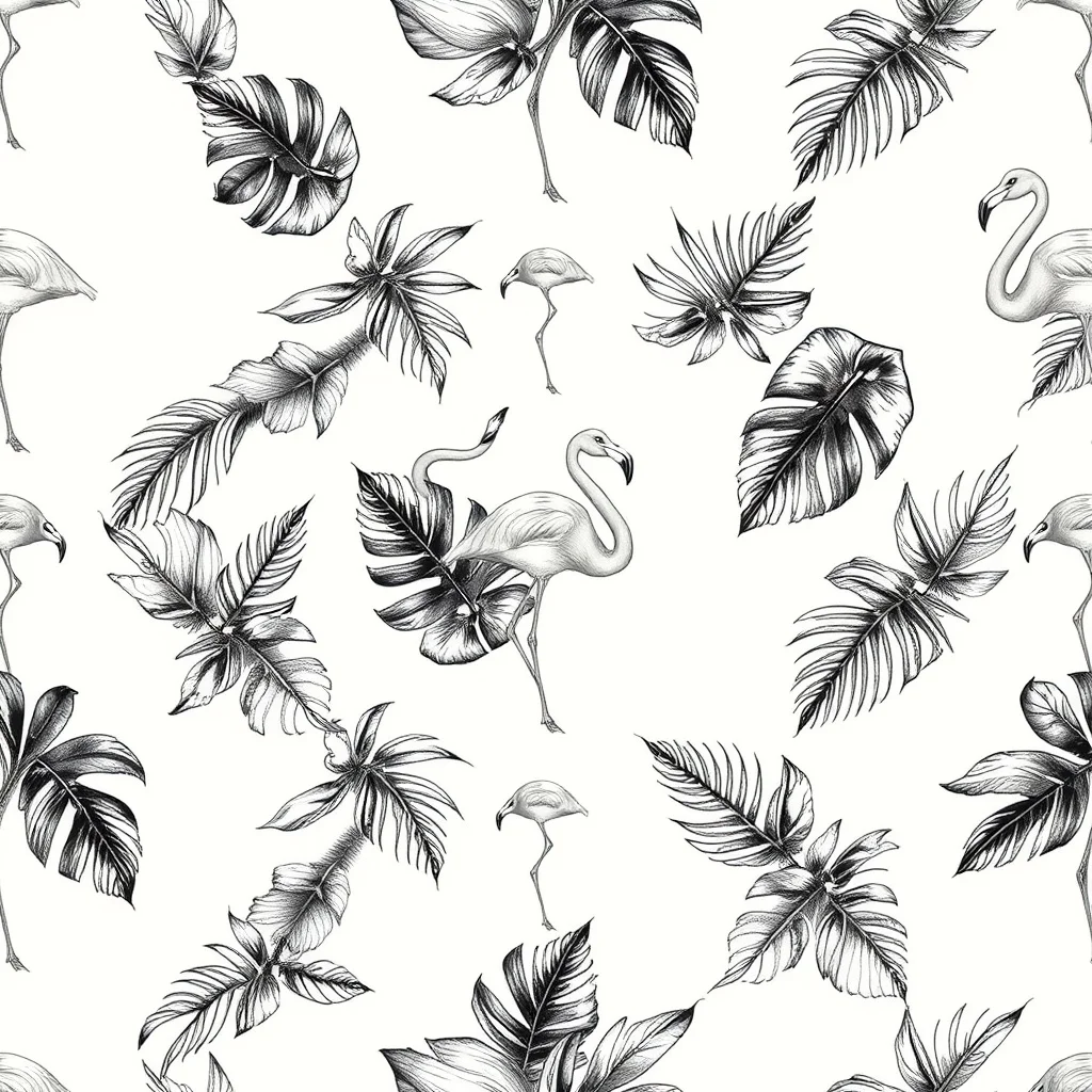 Sketch pattern: tropical leaves and flamingos