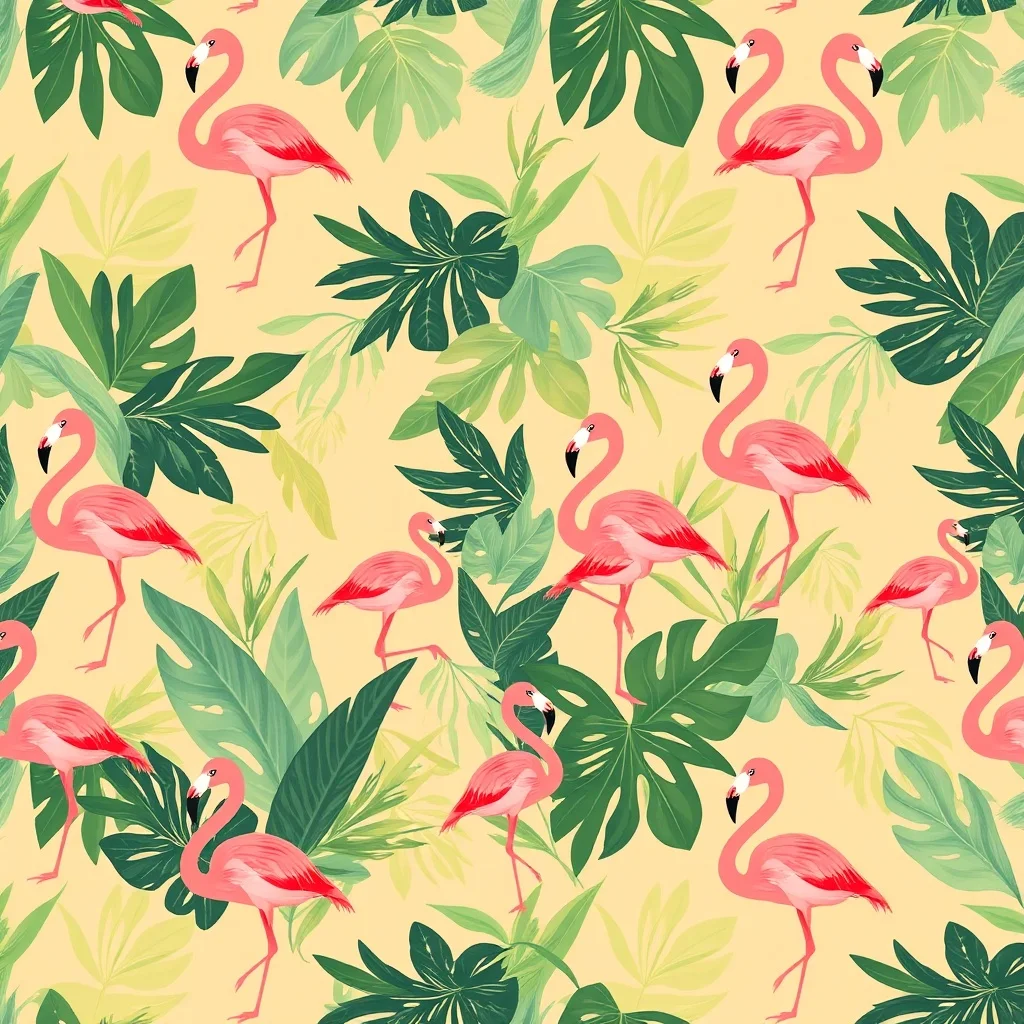 Studio Ghibli pattern: tropical leaves and flamingos