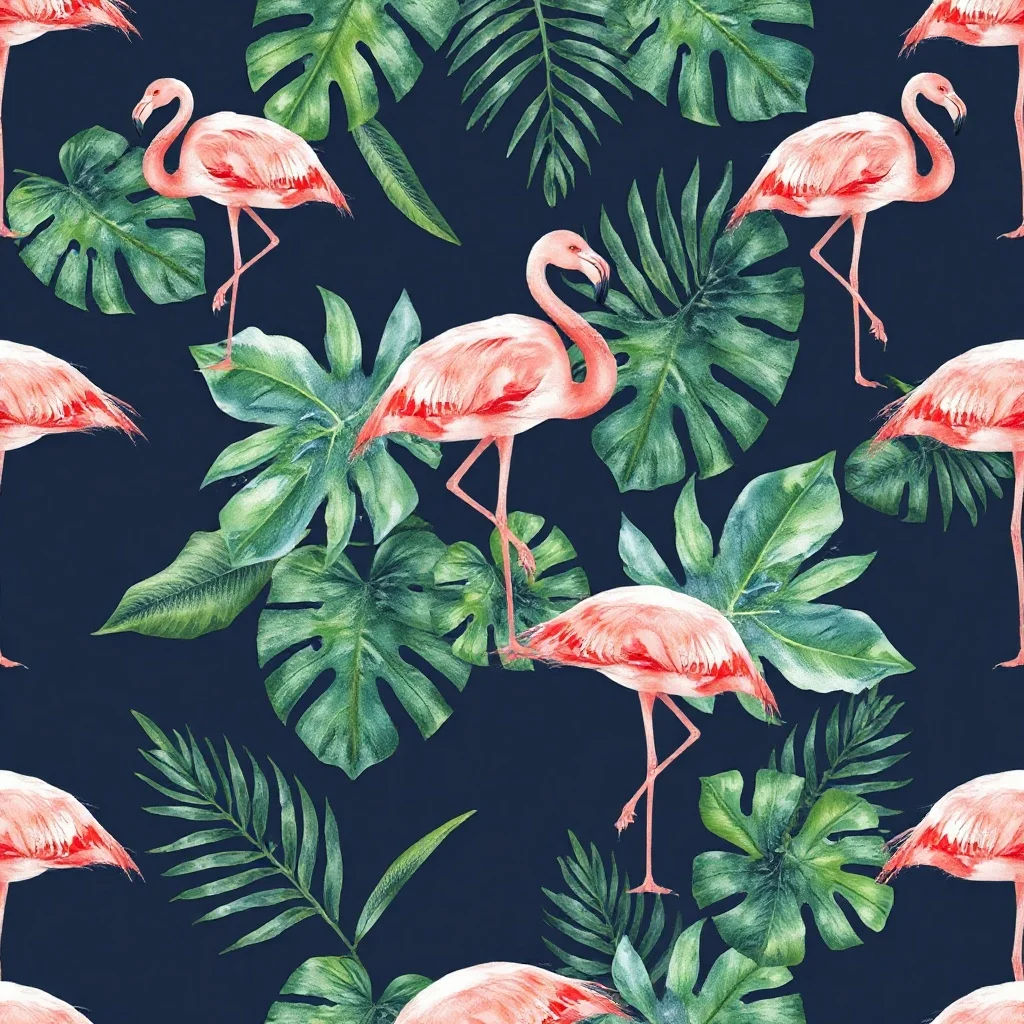 Watercolor pattern: tropical leaves and flamingos
