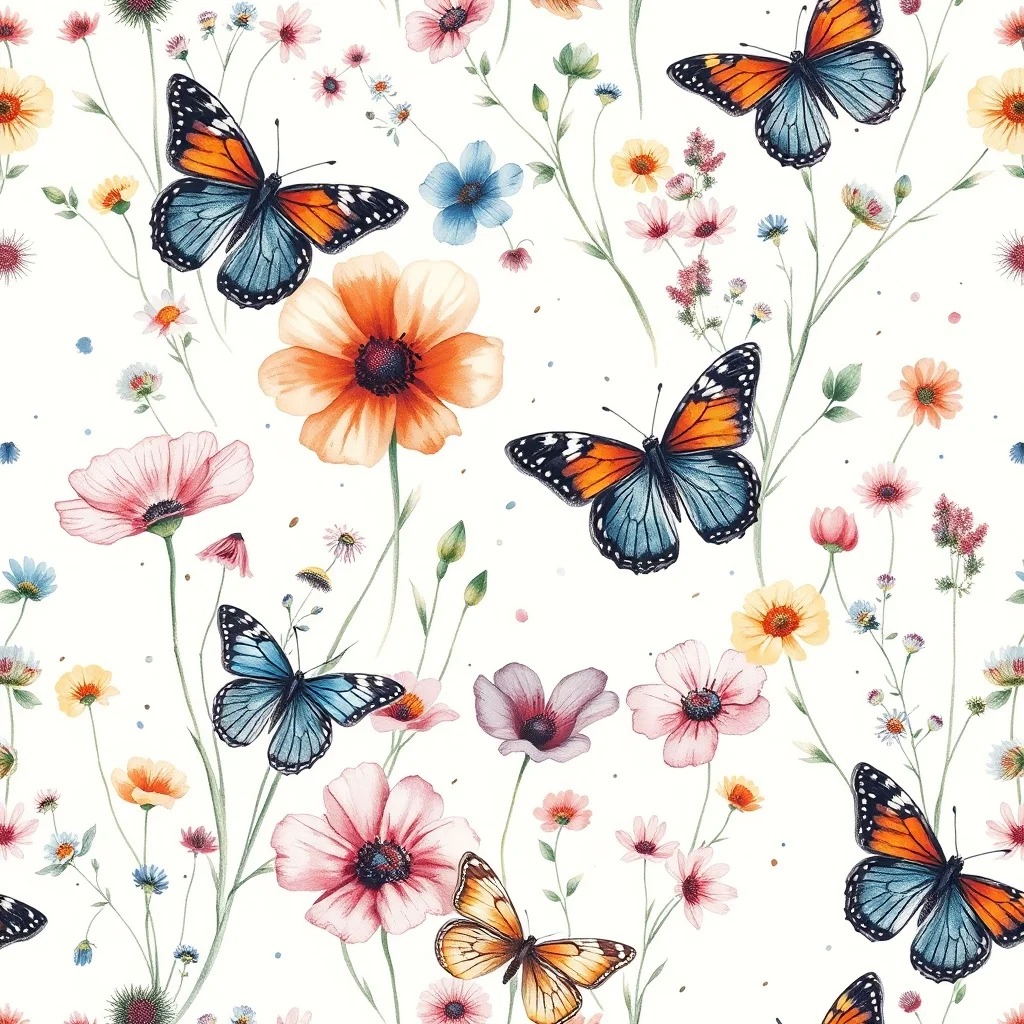 Watercolor pattern: wildflowers and butterflies
