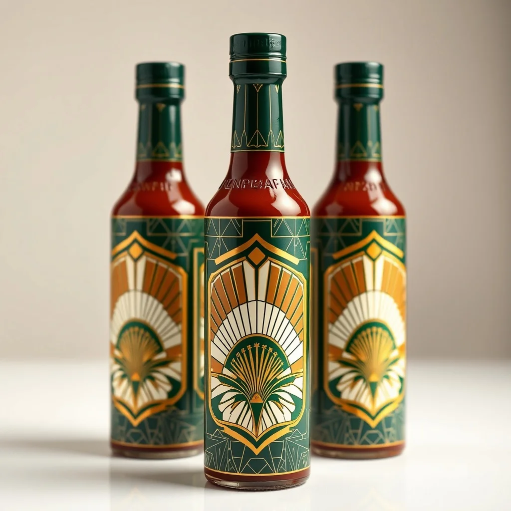 Art Deco product photo: a craft hot sauce bottle