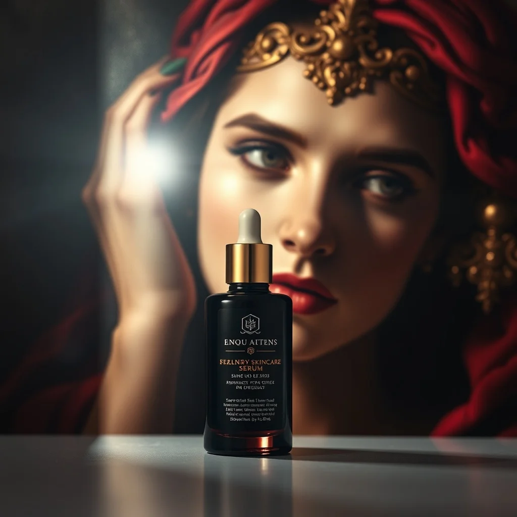 Baroque product photo: a luxury skincare serum bottle