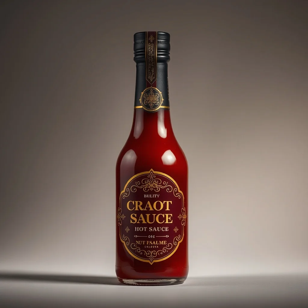 Baroque product photo: a craft hot sauce bottle