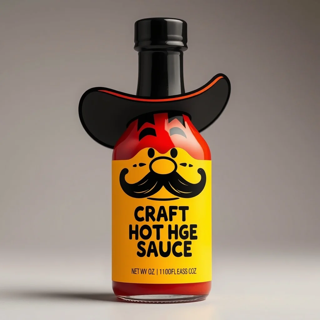 Cartoon product photo: a craft hot sauce bottle