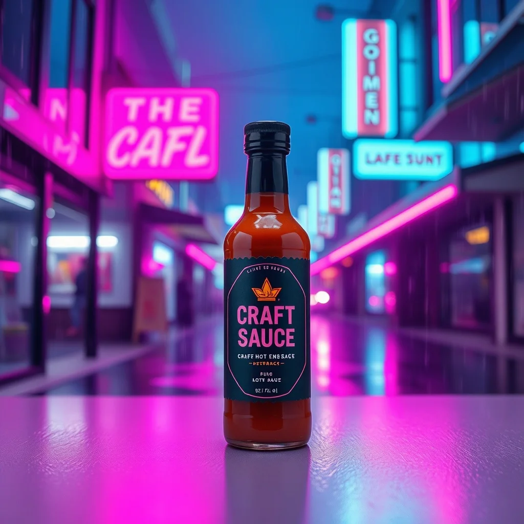 Cyberpunk product photo: a craft hot sauce bottle