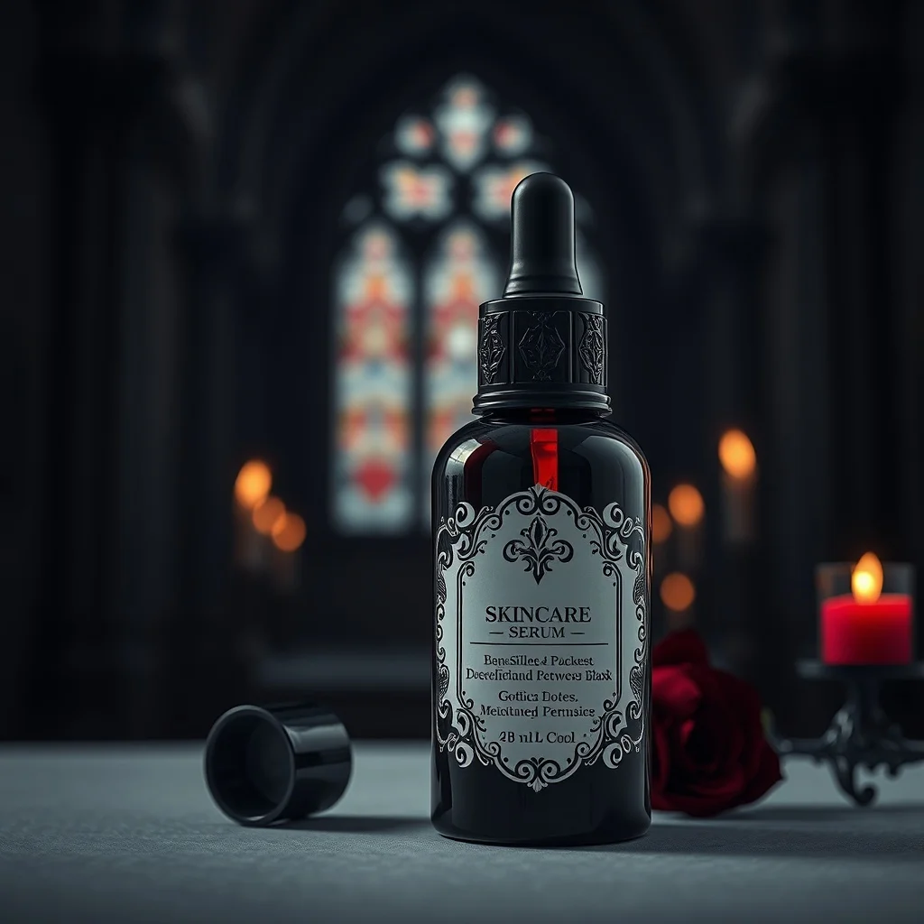Gothic product photo: a luxury skincare serum bottle