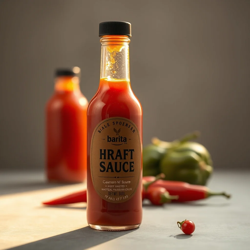 Photorealistic product photo: a craft hot sauce bottle