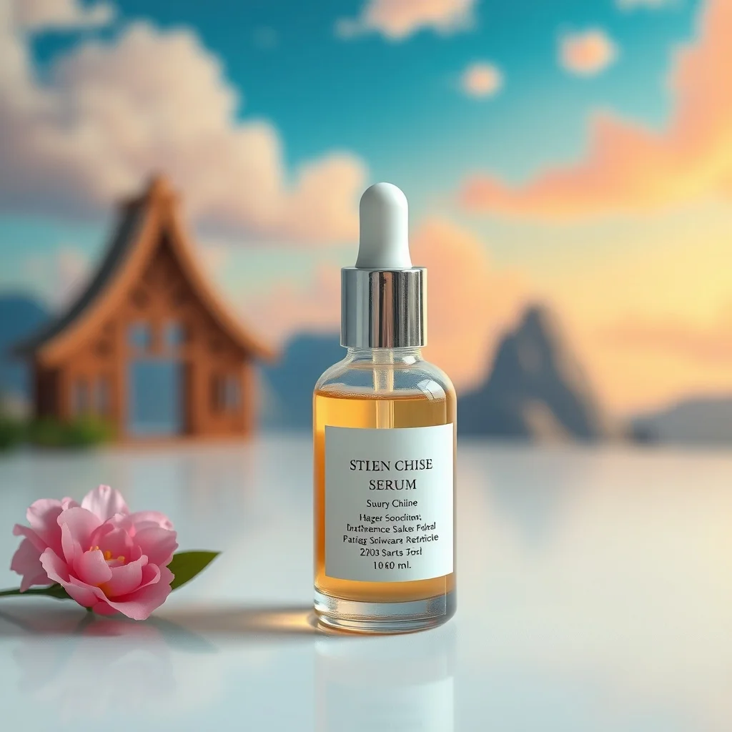 Studio Ghibli product photo: a luxury skincare serum bottle