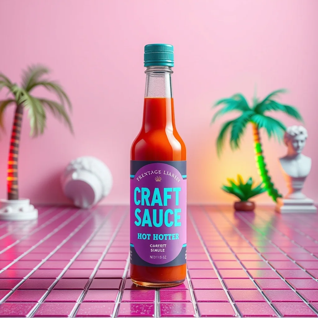 Vaporwave product photo: a craft hot sauce bottle