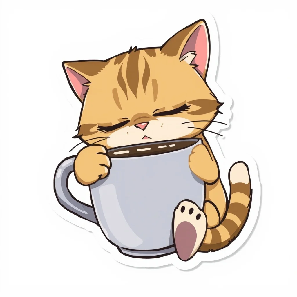 Anime sticker: a sleepy cat hugging a coffee cup