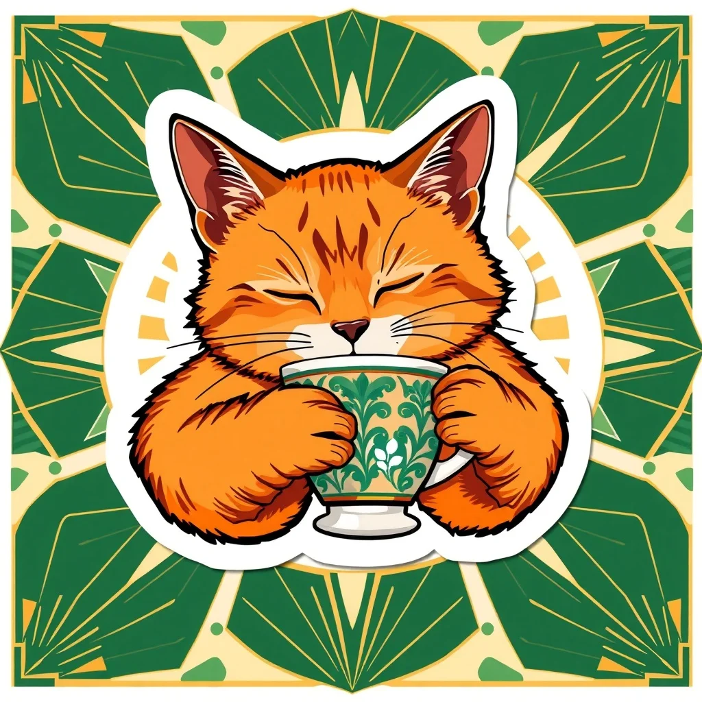 Art Deco sticker: a sleepy cat hugging a coffee cup
