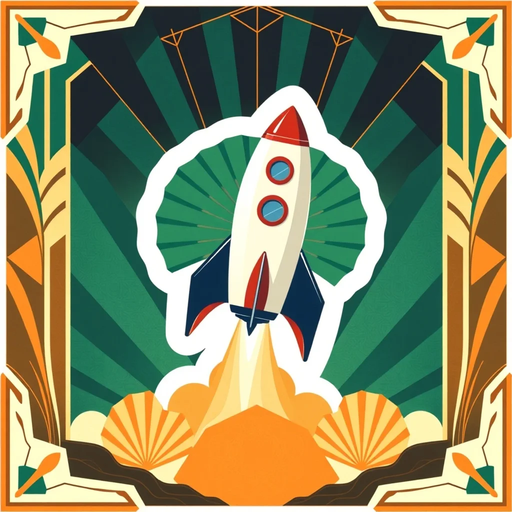 Art Deco sticker: a tiny rocket ship blasting off