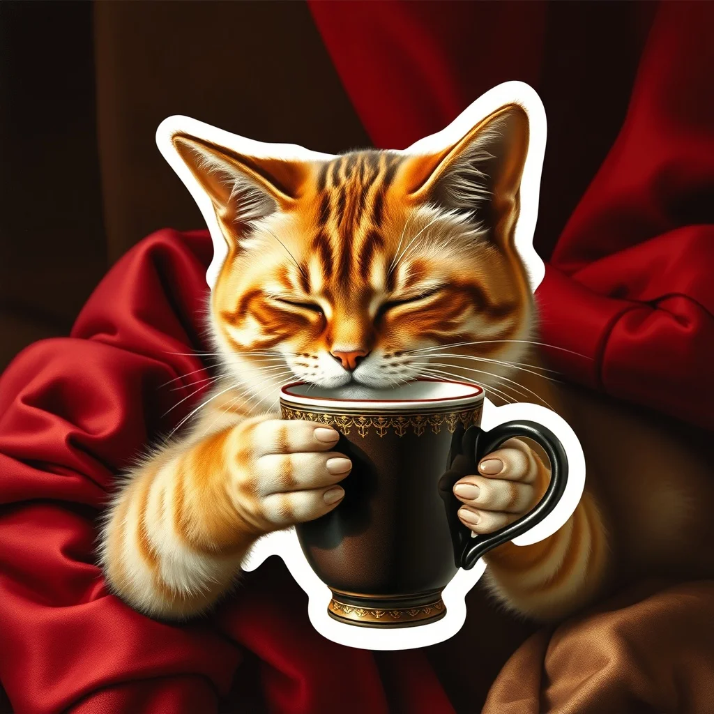 Baroque sticker: a sleepy cat hugging a coffee cup