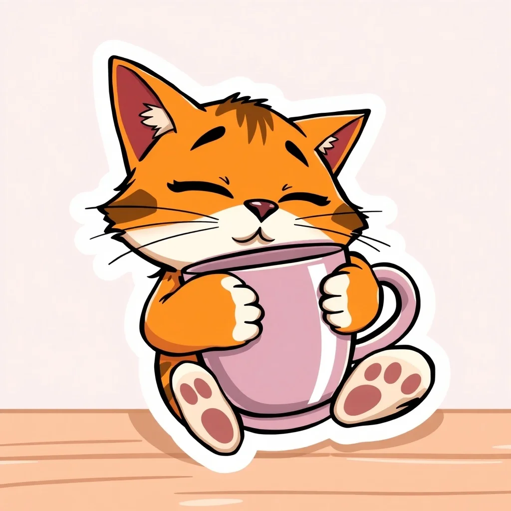 Cartoon sticker: a sleepy cat hugging a coffee cup