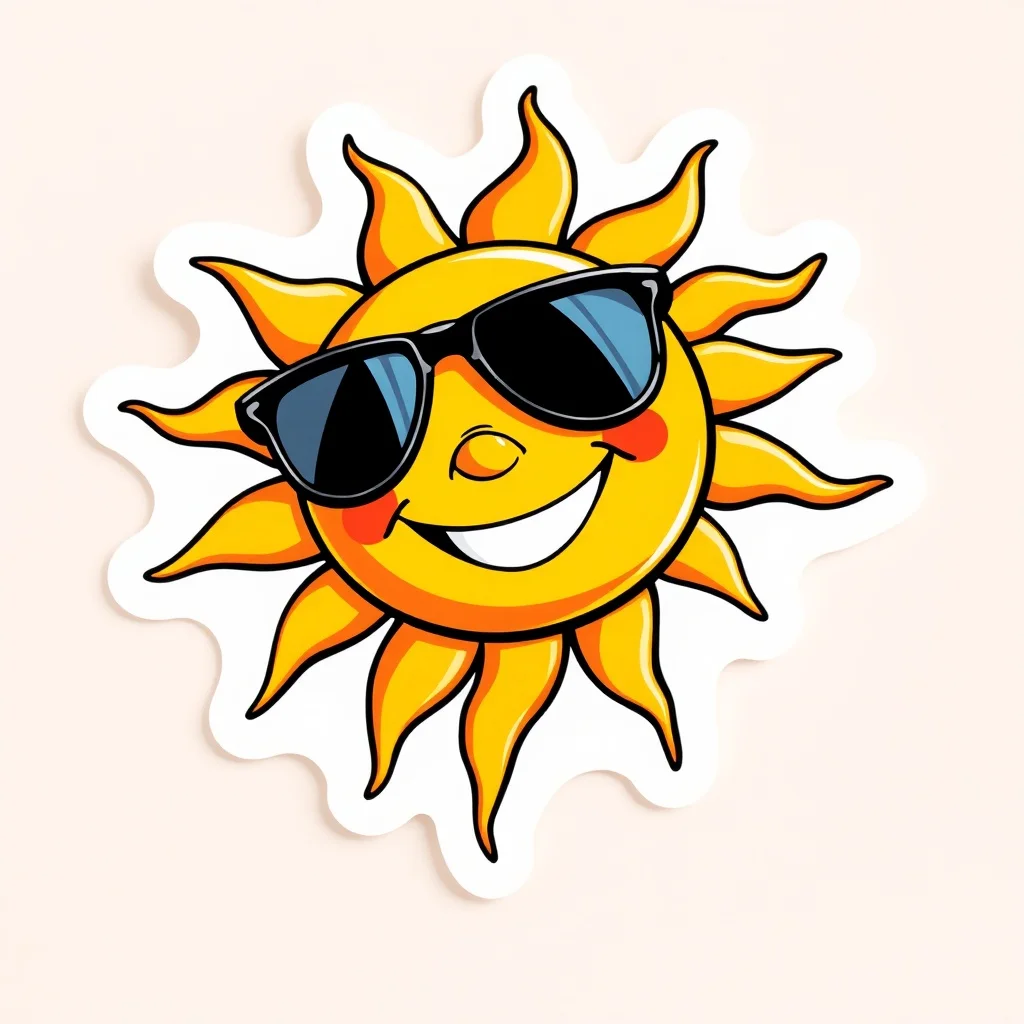 Cartoon sticker: a smiling sun with sunglasses