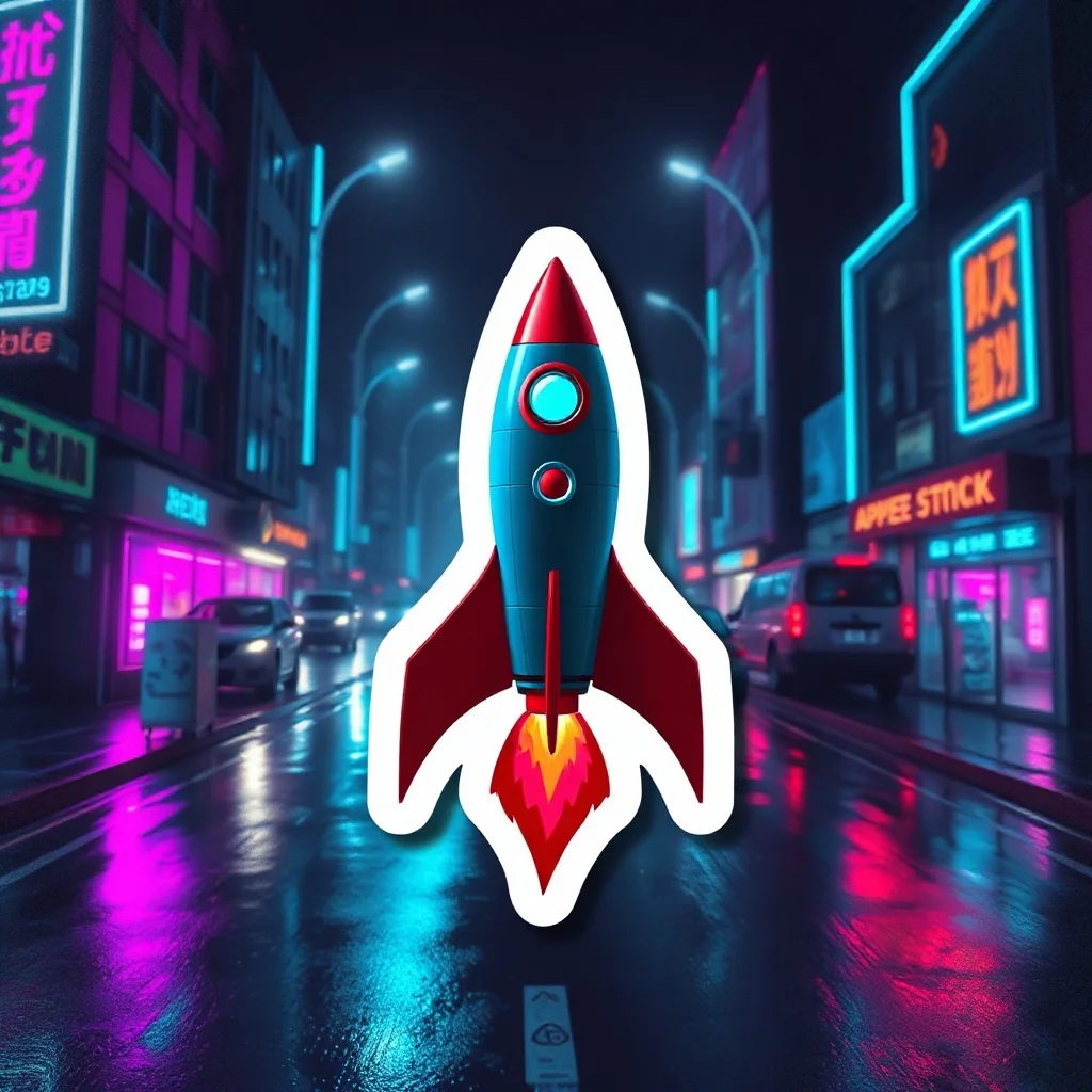 Cyberpunk sticker: a tiny rocket ship blasting off