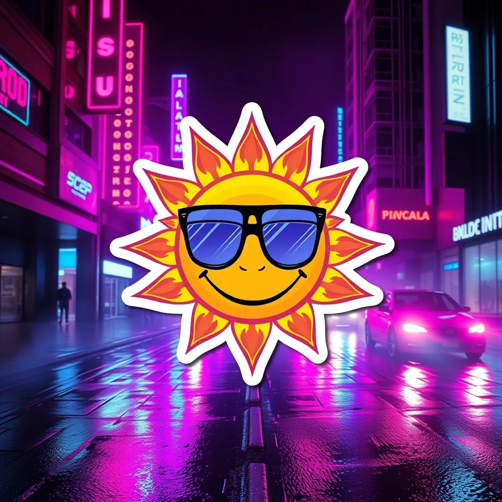 Cyberpunk sticker: a smiling sun with sunglasses