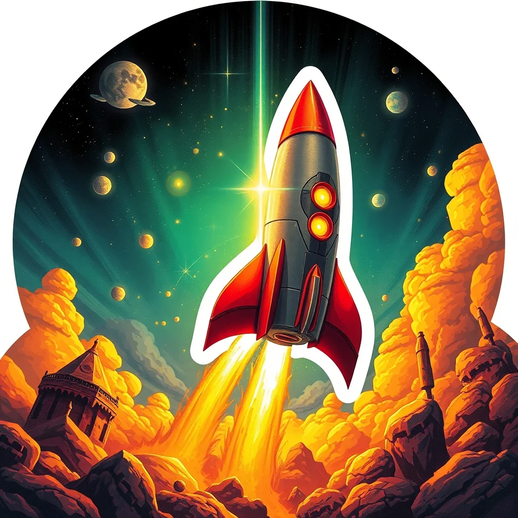 Fantasy sticker: a tiny rocket ship blasting off