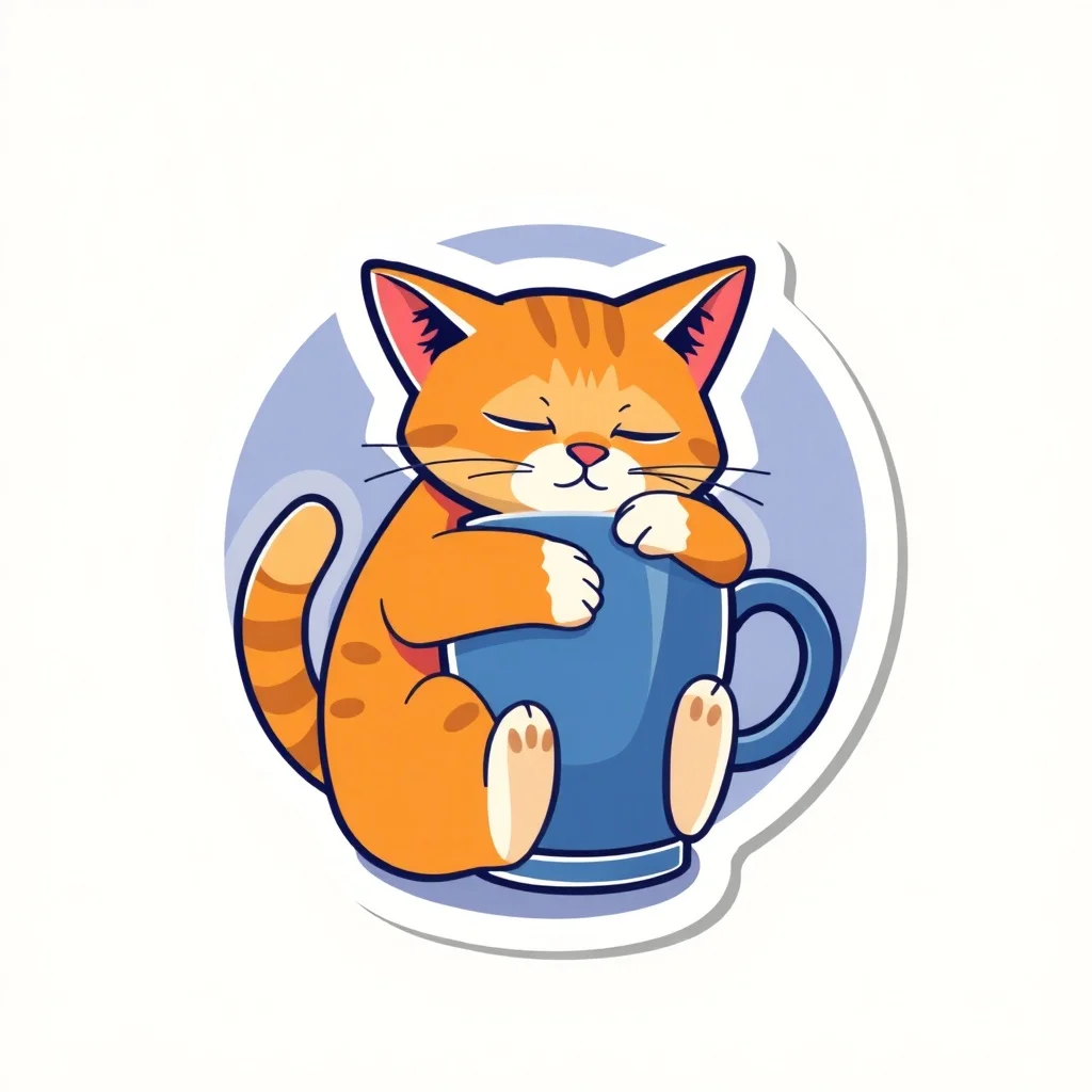 Flat Design sticker: a sleepy cat hugging a coffee cup