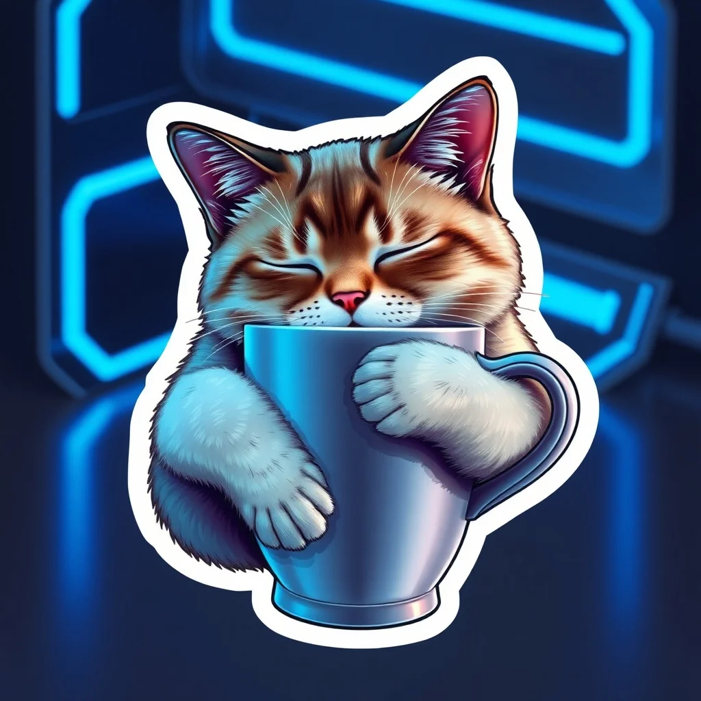 Futuristic sticker: a sleepy cat hugging a coffee cup