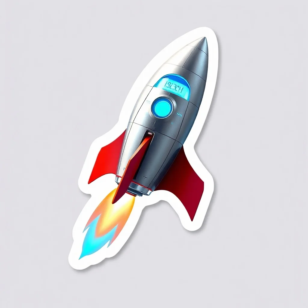 Futuristic sticker: a tiny rocket ship blasting off