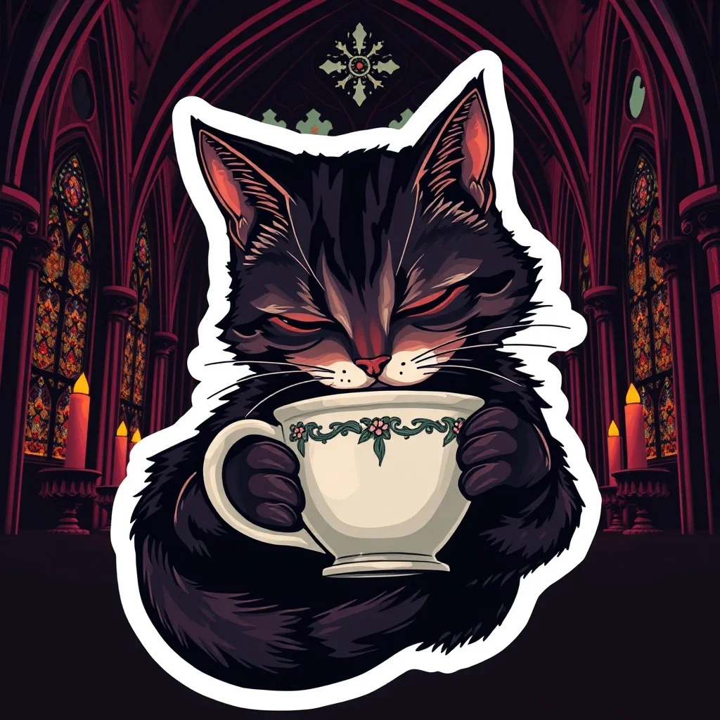 Gothic sticker: a sleepy cat hugging a coffee cup