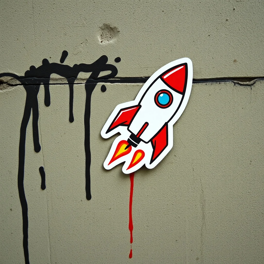 Graffiti sticker: a tiny rocket ship blasting off