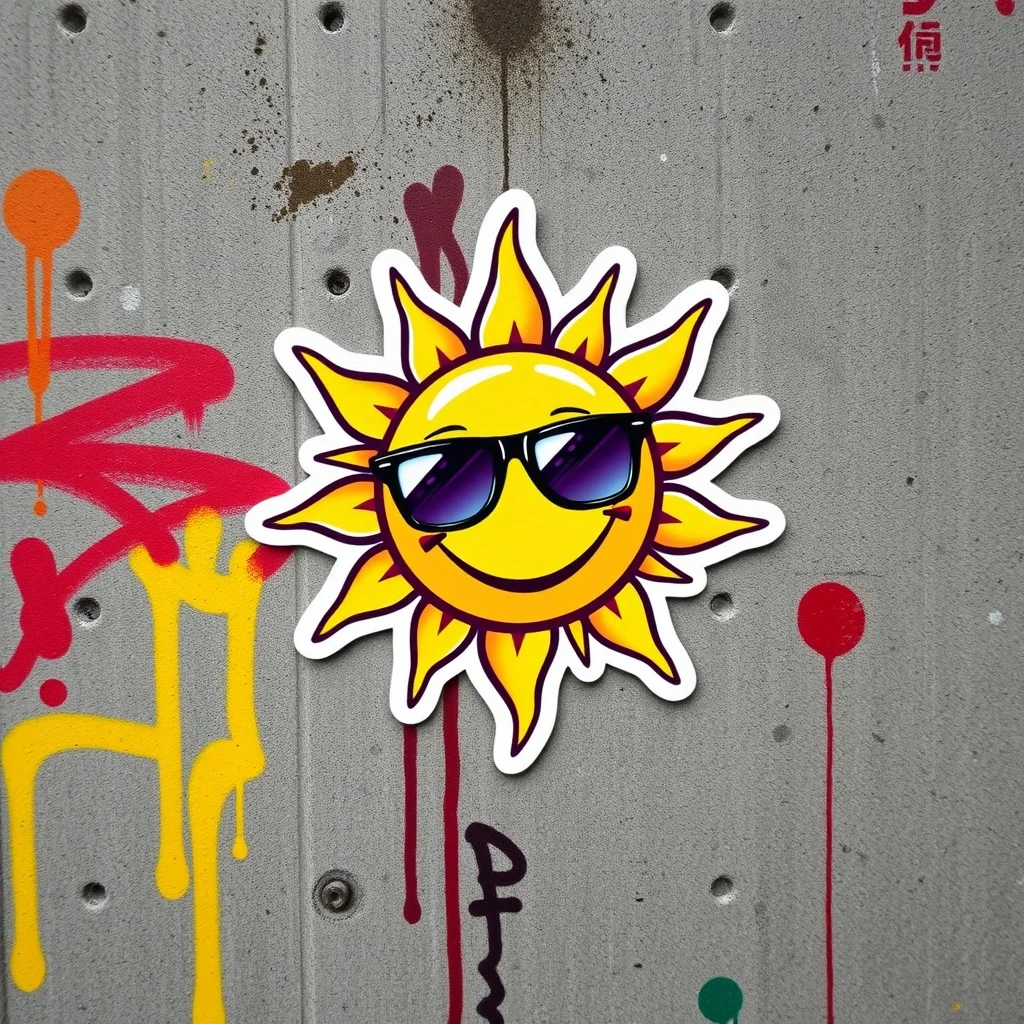 Graffiti sticker: a smiling sun with sunglasses