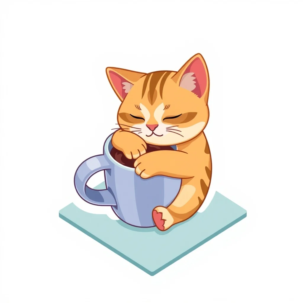 Isometric sticker: a sleepy cat hugging a coffee cup