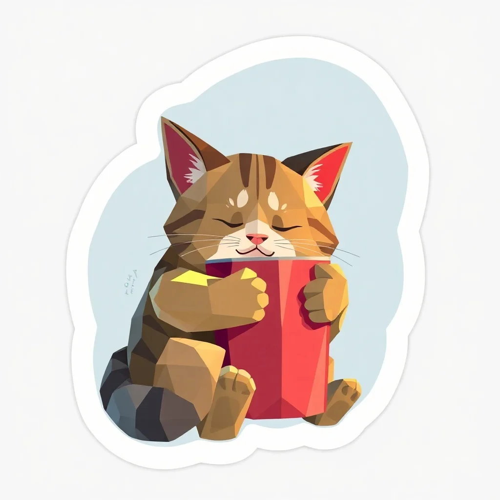 Low Poly sticker: a sleepy cat hugging a coffee cup