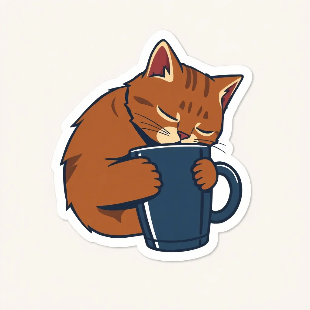 Minimalist sticker: a sleepy cat hugging a coffee cup