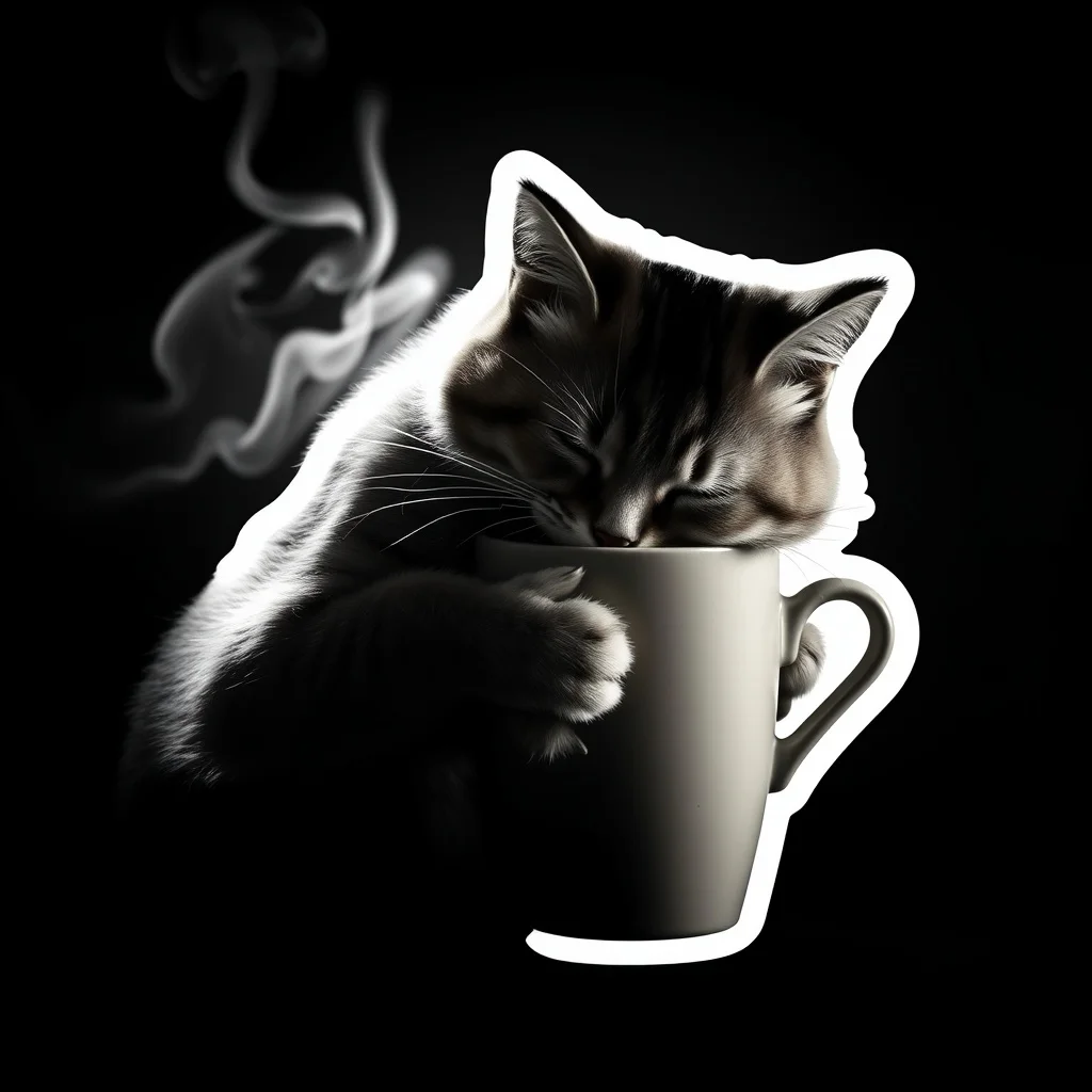 Noir sticker: a sleepy cat hugging a coffee cup