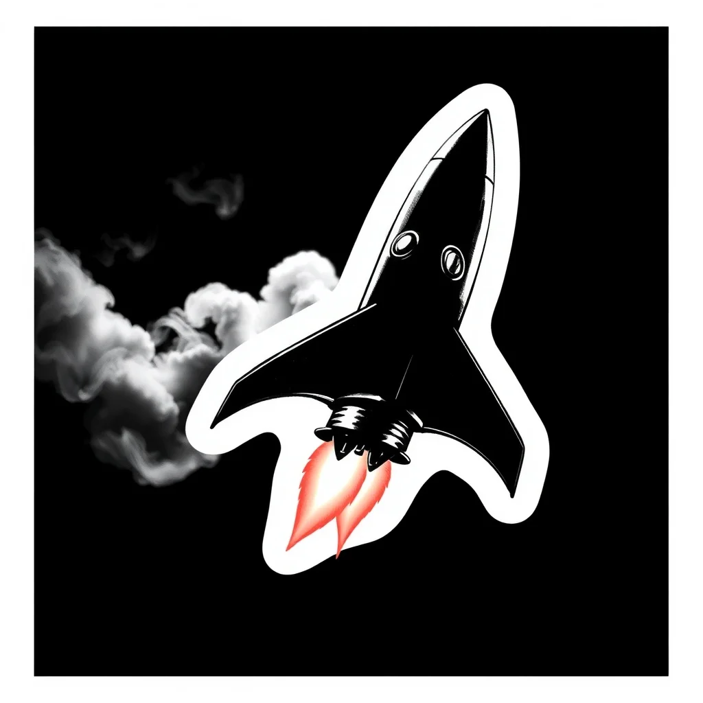 Noir sticker: a tiny rocket ship blasting off