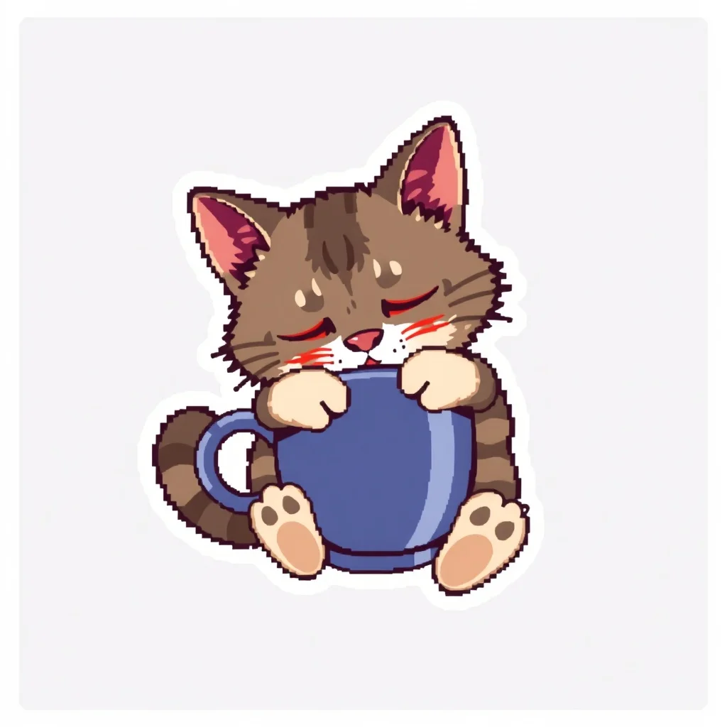 Pixel Art sticker: a sleepy cat hugging a coffee cup