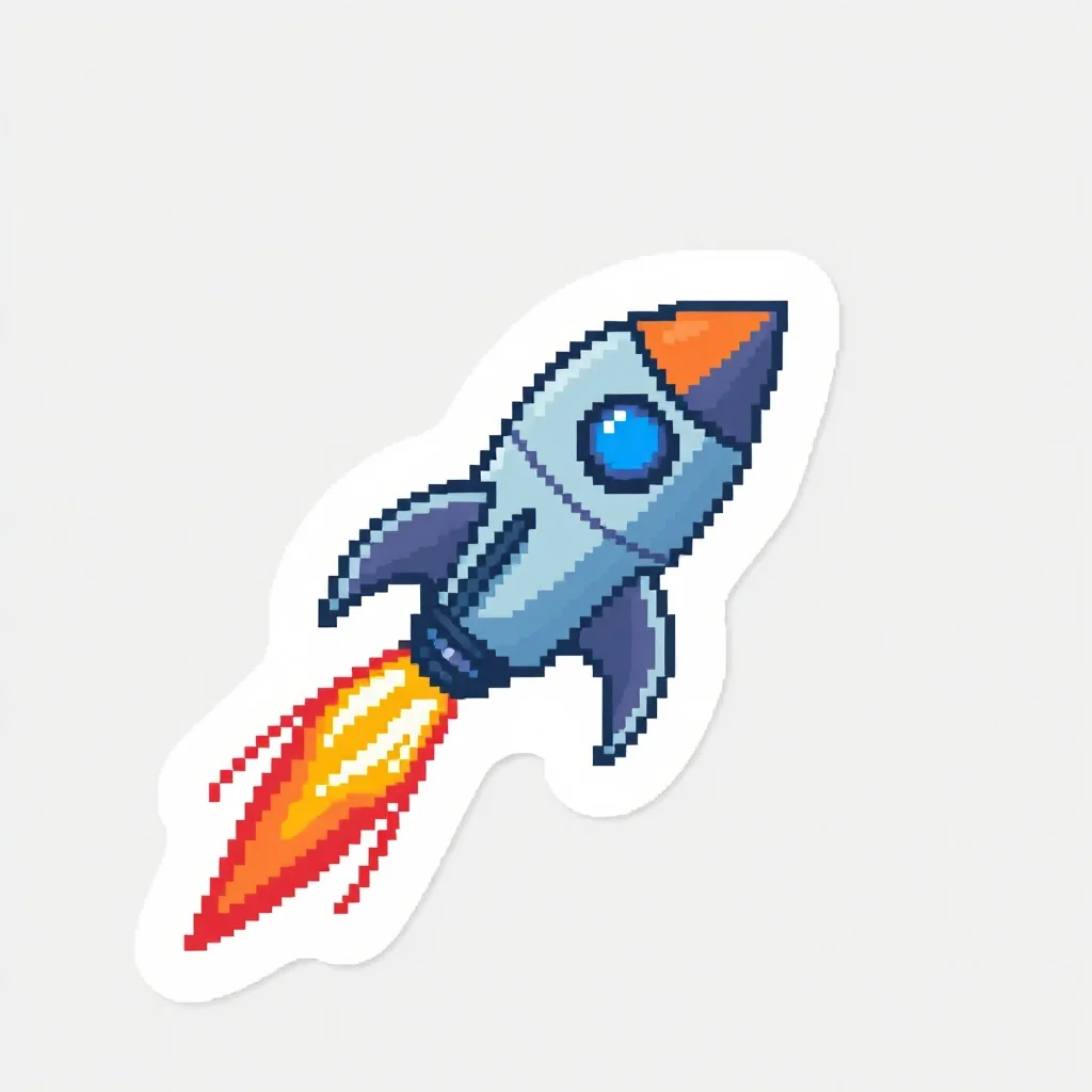Pixel Art sticker: a tiny rocket ship blasting off
