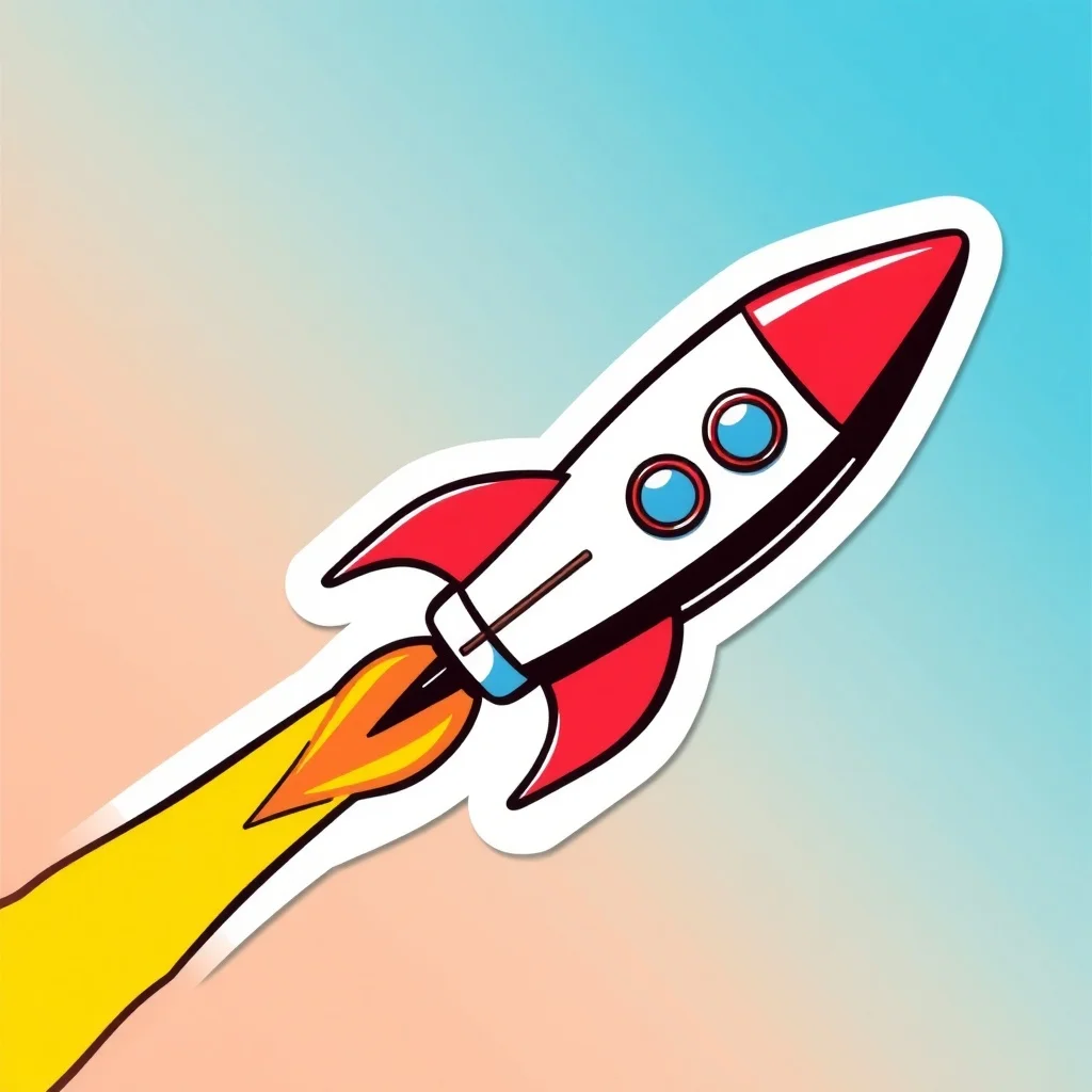 Pop Art sticker: a tiny rocket ship blasting off