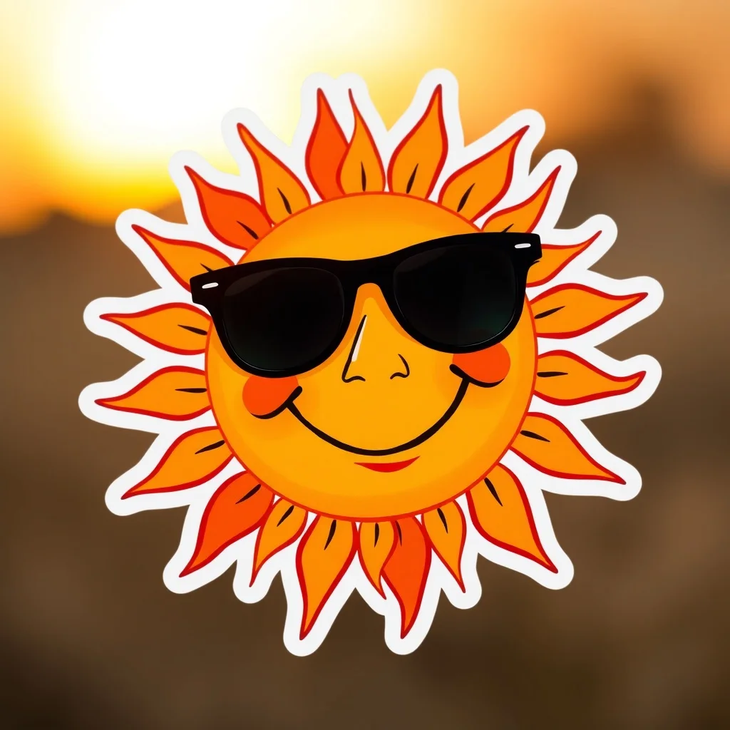Photorealistic sticker: a smiling sun with sunglasses