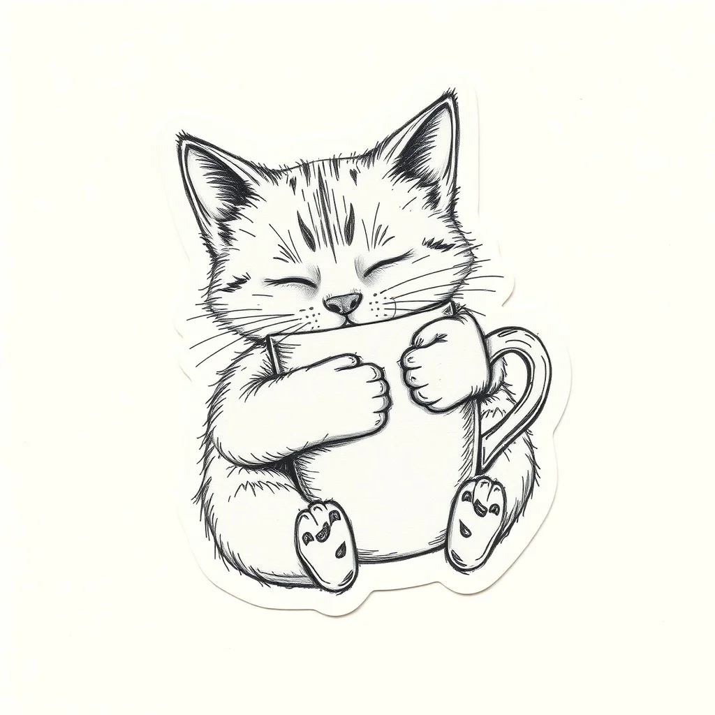 Sketch sticker: a sleepy cat hugging a coffee cup