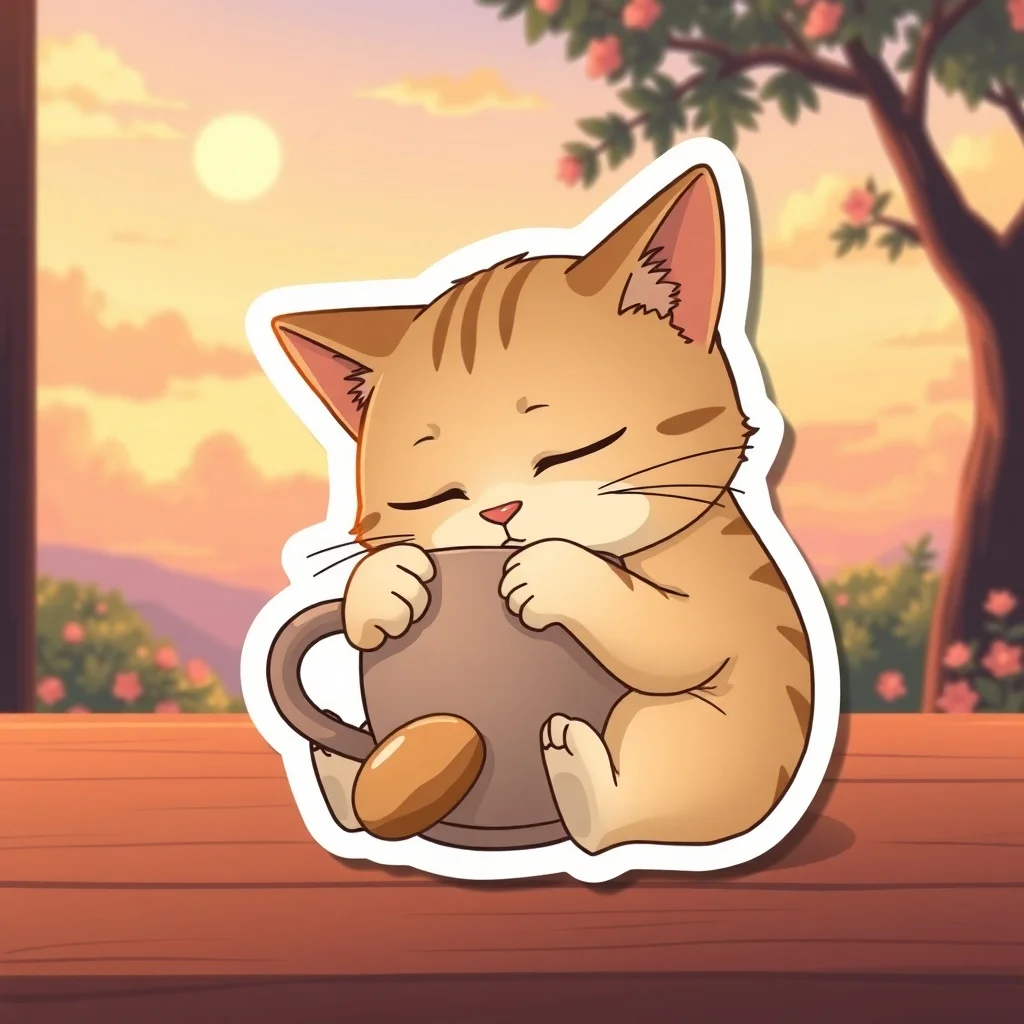 Studio Ghibli sticker: a sleepy cat hugging a coffee cup