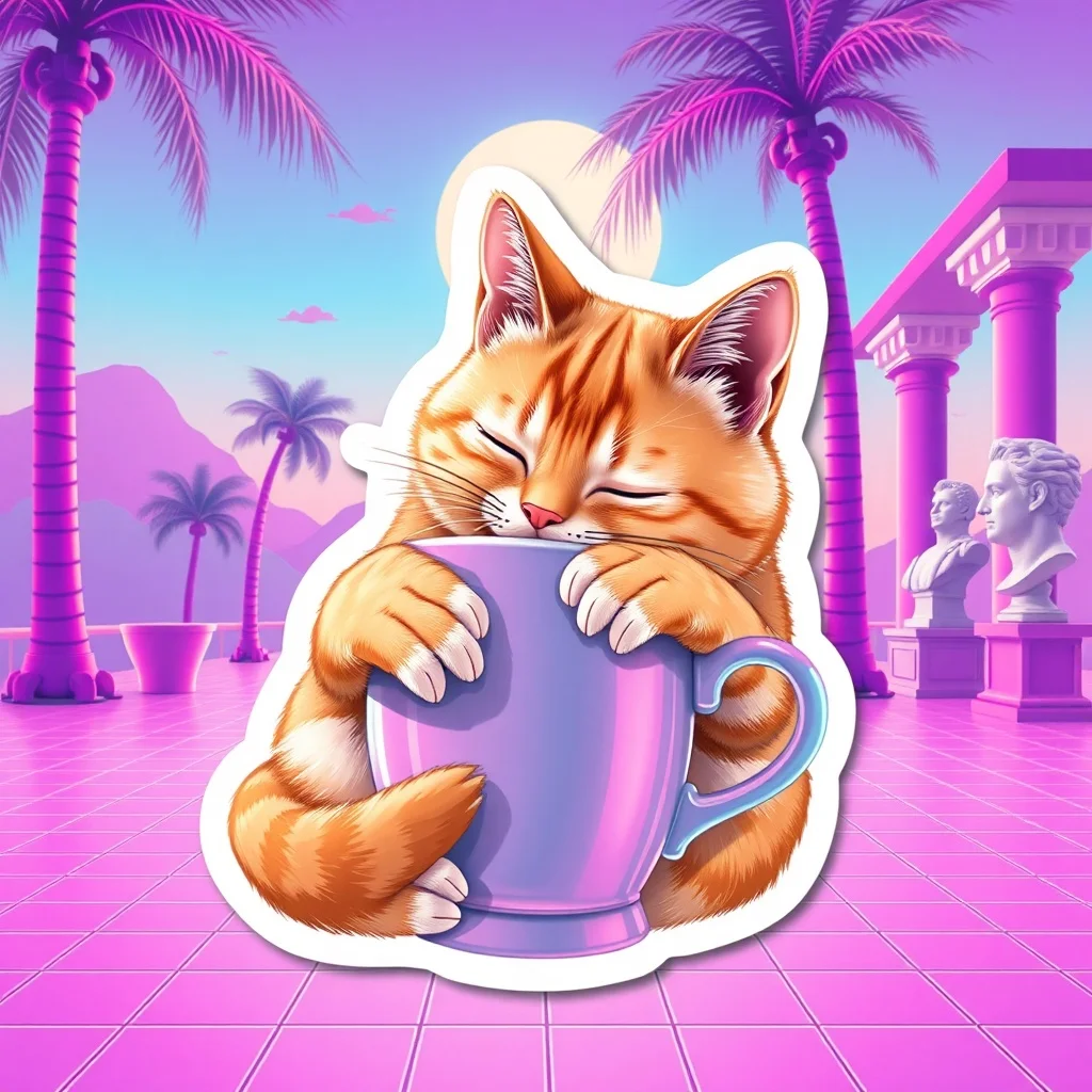 Vaporwave sticker: a sleepy cat hugging a coffee cup