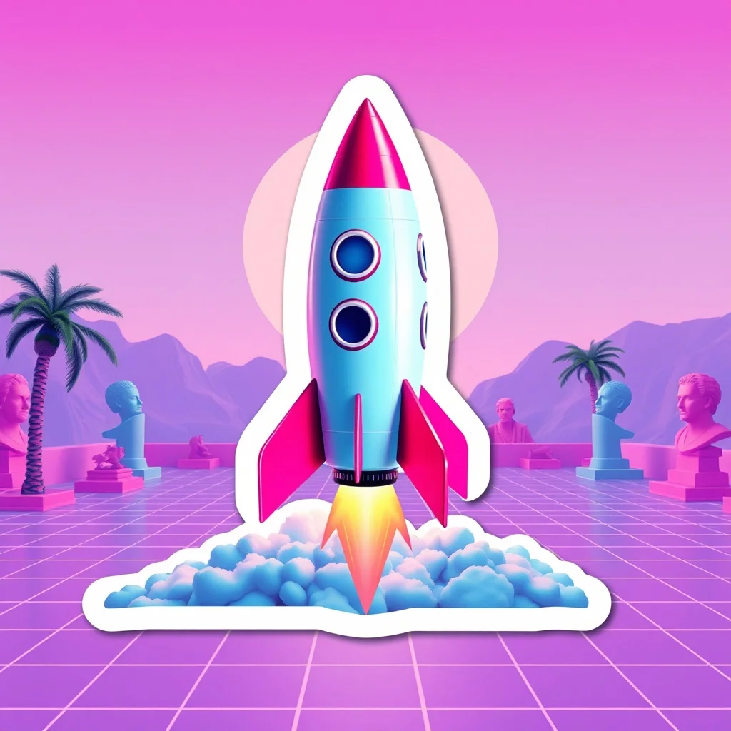 Vaporwave sticker: a tiny rocket ship blasting off